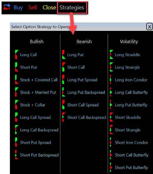 24 Options Strategies instantly Available Via The Options Trading Menu