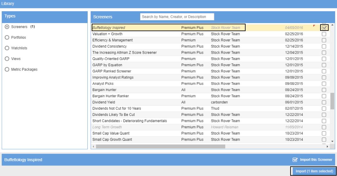 Step 3 - Locate and Import The Buffettology Screener