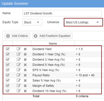 Dividend Growth Screener - Criteria Implemented Into Stock Rover