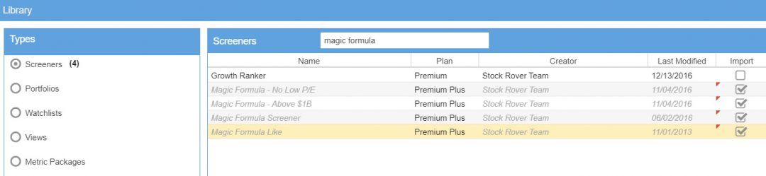 Importing the Magic Formula Screeners into Stock Rover