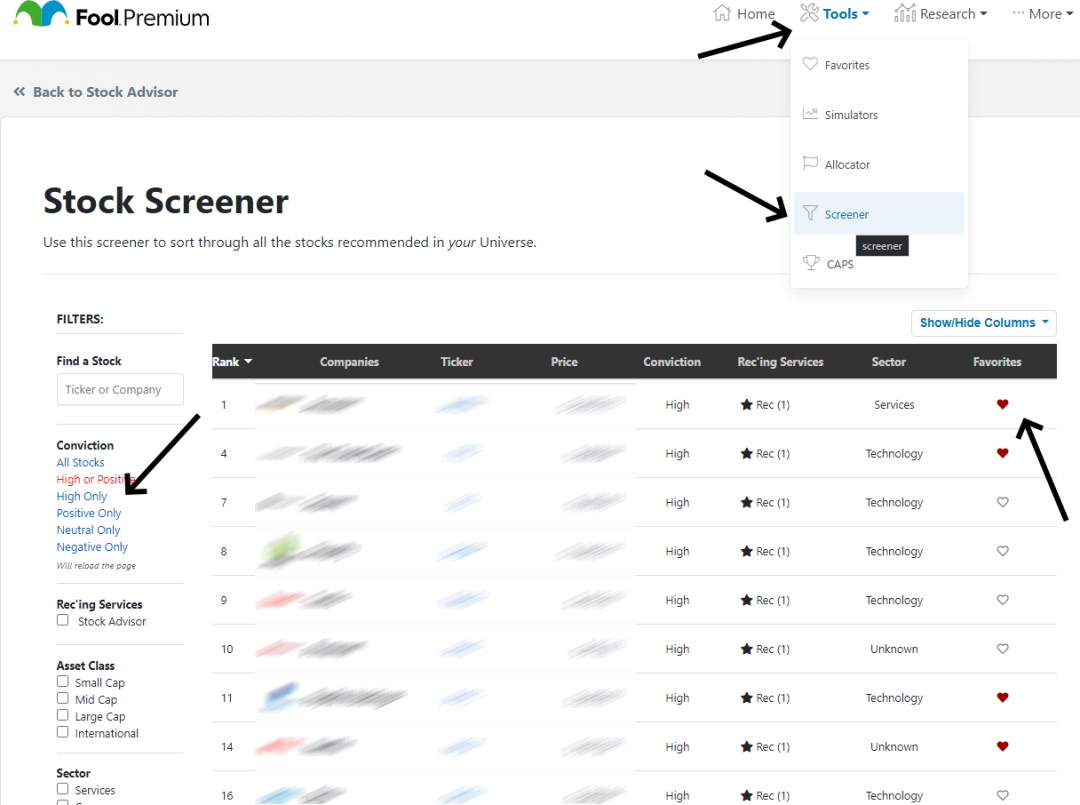 Motley Fool Premium Stock Screener Test: Select - Tools - Screener - High Conviction To Get The Best Stocks.