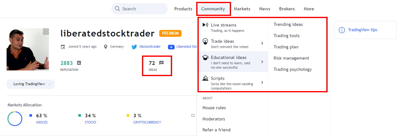 How to access TradingView's live trade ideas streams and educational idaeas.