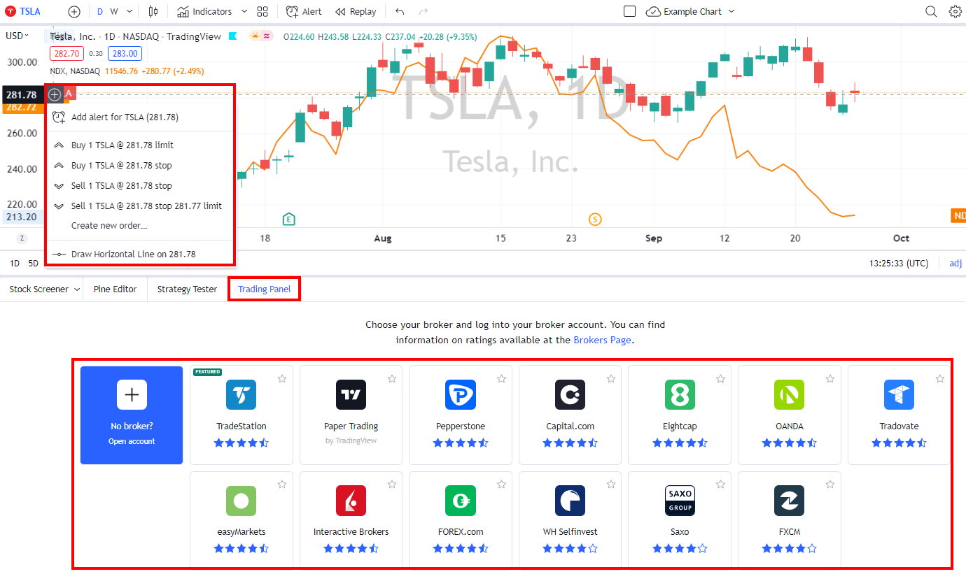 How to select brokers and initiate chart stock trading through TradingView