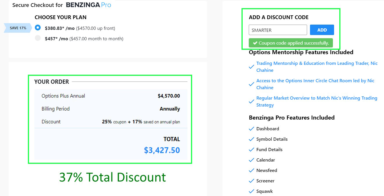 Benzinga Options Mentorship Web Page With Discount Applied 