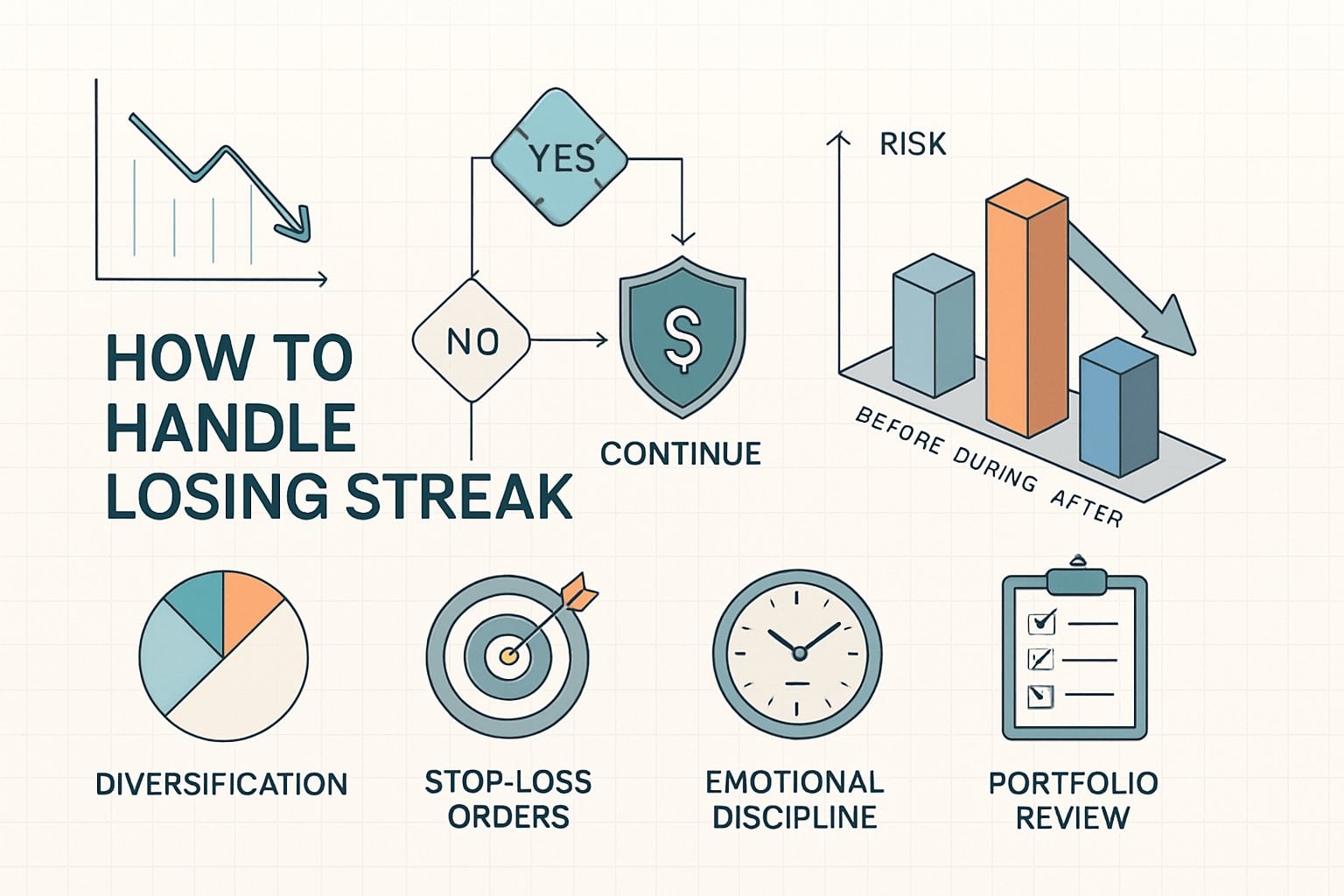 An infographic illustrating strategies and steps for managing risk during losing streaks in investing, including charts, flowcharts, and lists of key concepts.