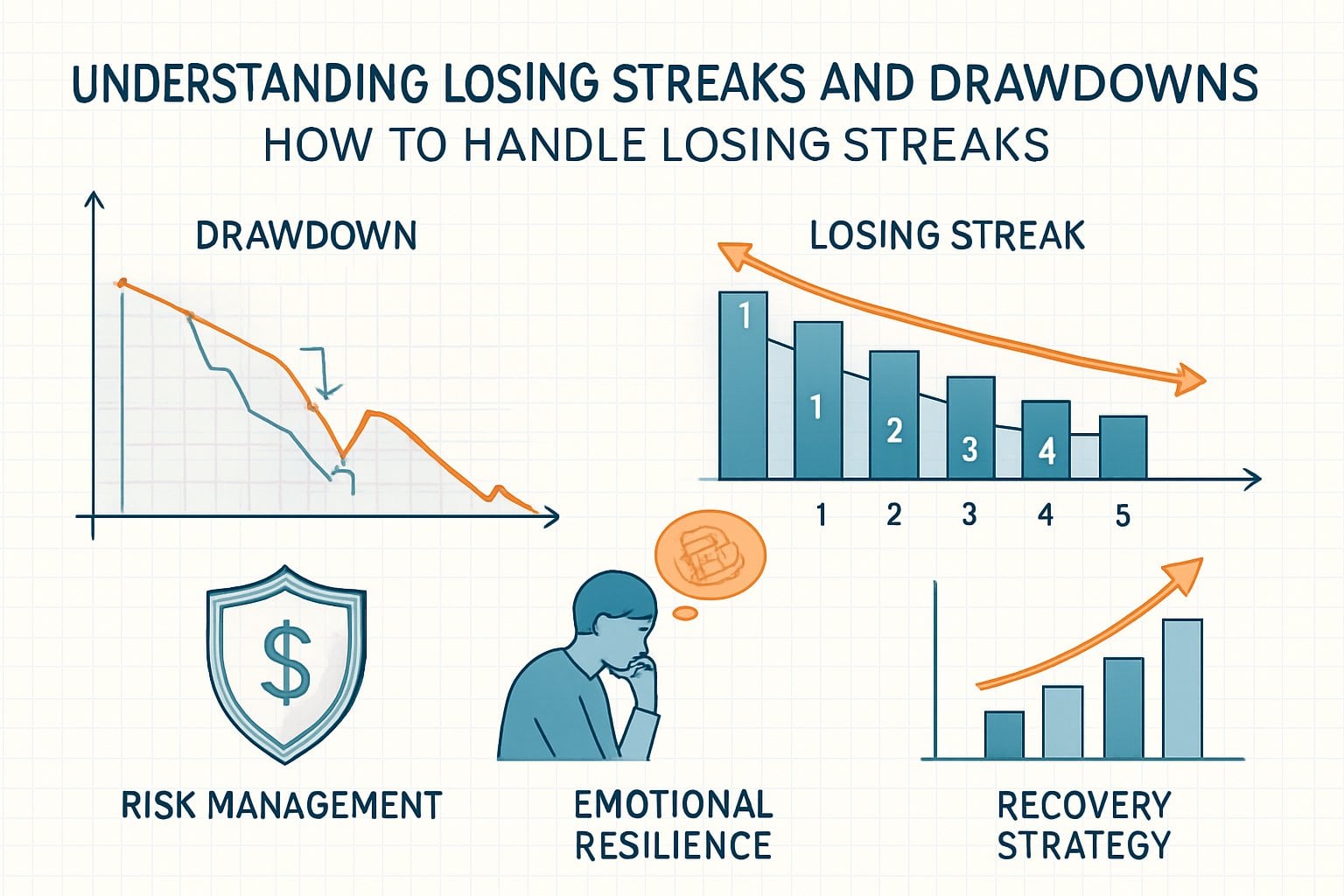 An infographic illustrating concepts related to losing streaks and drawdowns in investing, featuring charts, timelines, icons for risk management and recovery strategies, arranged in clear sections on a light grid background.