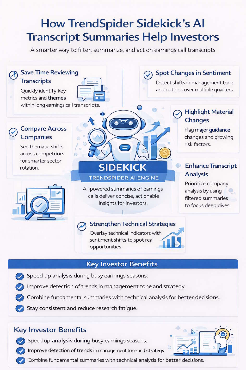 Infographic showing TrendSpider Sidekick AI’s analysis of earnings call transcripts summary.