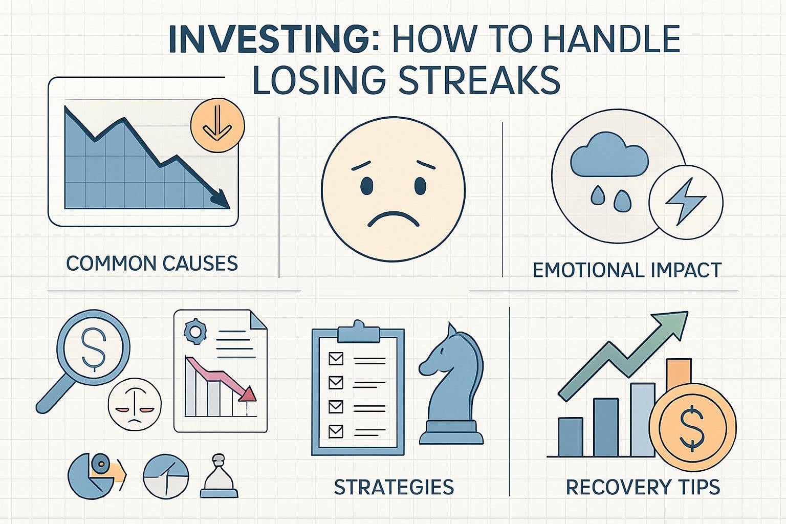 An infographic illustrating how to handle losing streaks in investing, featuring sections with charts, icons representing emotions and strategies, and diagrams explaining causes and recovery tips.