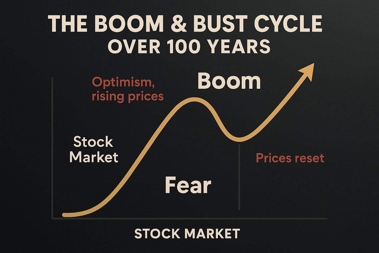 Conceptual overview of the stock market boom and bust cycle.