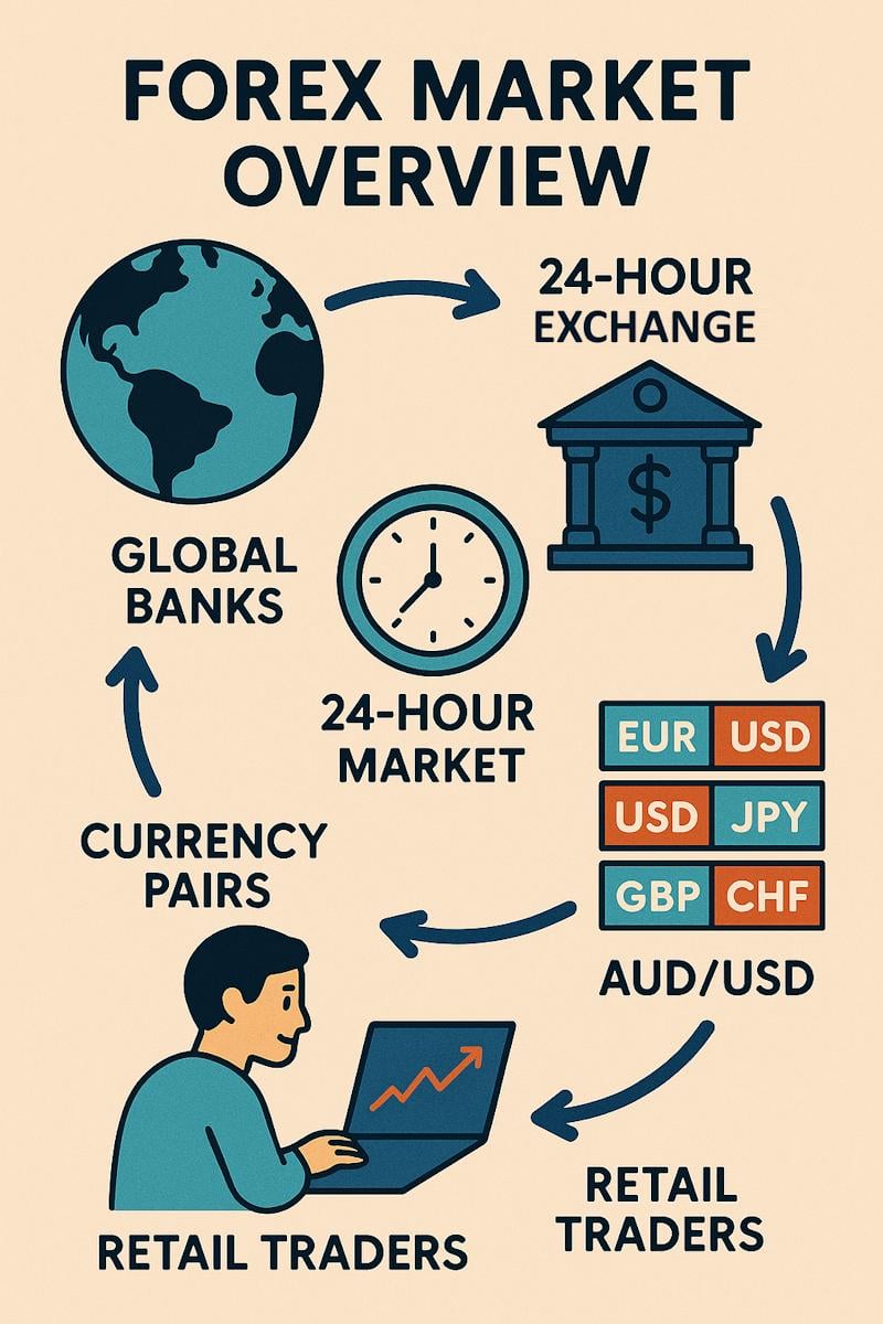 Narrative-style infographic illustrating how the global Forex market operates, including major currency pairs, trading sessions, and market participants.