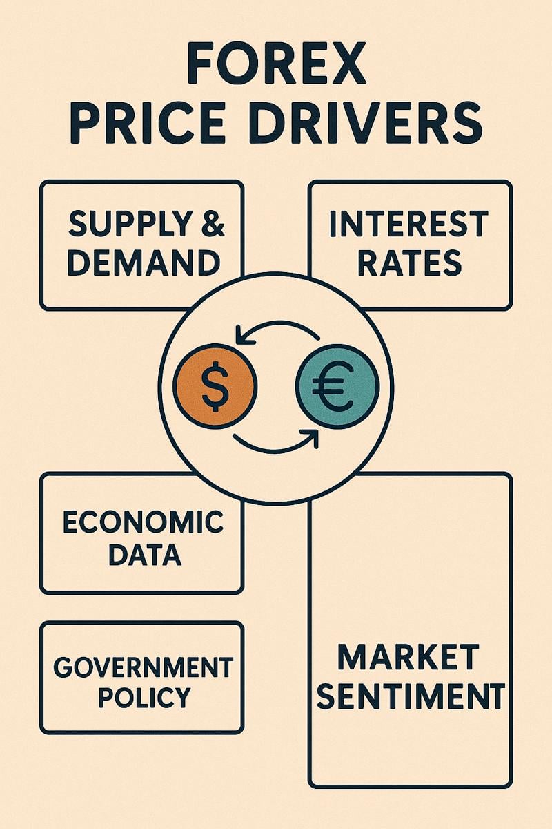 Diagram showing the factors that influence currency prices, including interest rates, inflation, economic growth, and geopolitical events.