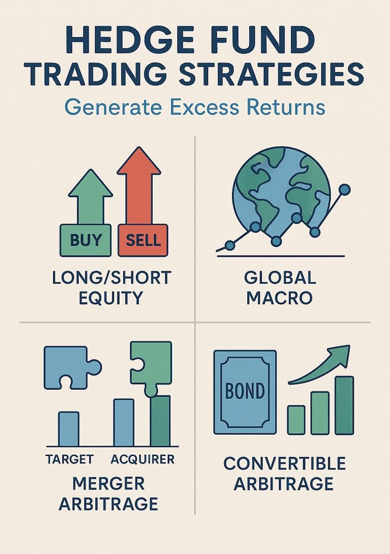 Illustrated step-by-step diagram showing common hedge fund trading strategies and how they aim to generate excess returns.