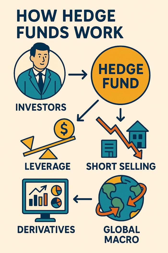 Infographic illustrating the core components of hedge fund investing, including leverage, short selling, global macro trades, and derivatives.