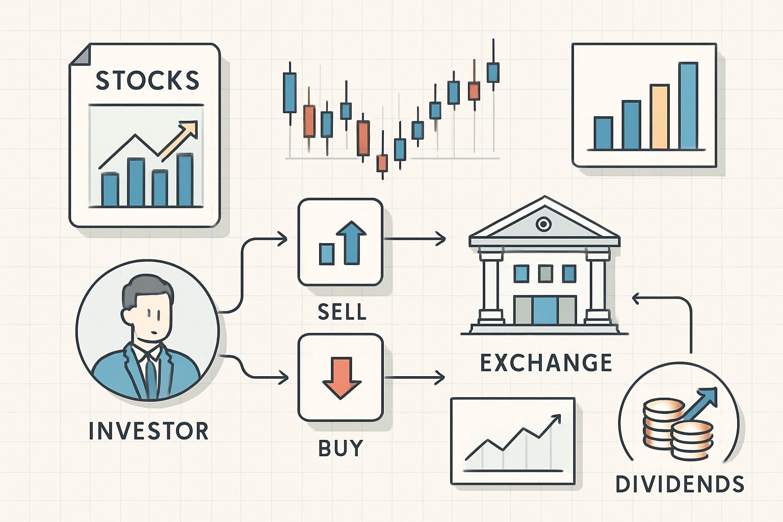 A stock market acts as a regulated marketplace where buyers and sellers trade shares of public companies.