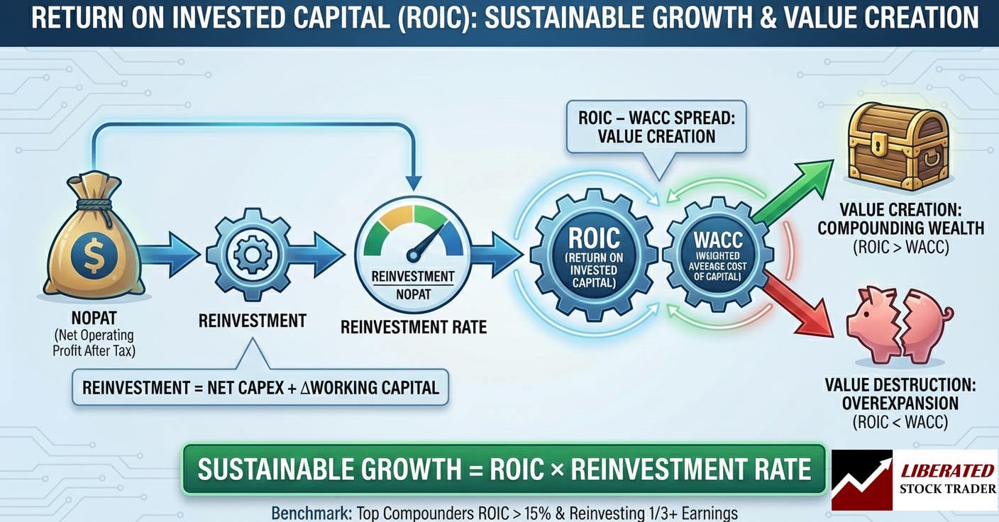 Compounders grow by blending a durable moat, high ROIC, and steady reinvestment.