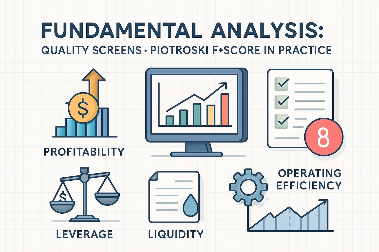An infographic illustrating the components and application of the Piotroski F-Score in fundamental analysis, featuring diagrams, charts, and icons representing financial metrics and scoring criteria.