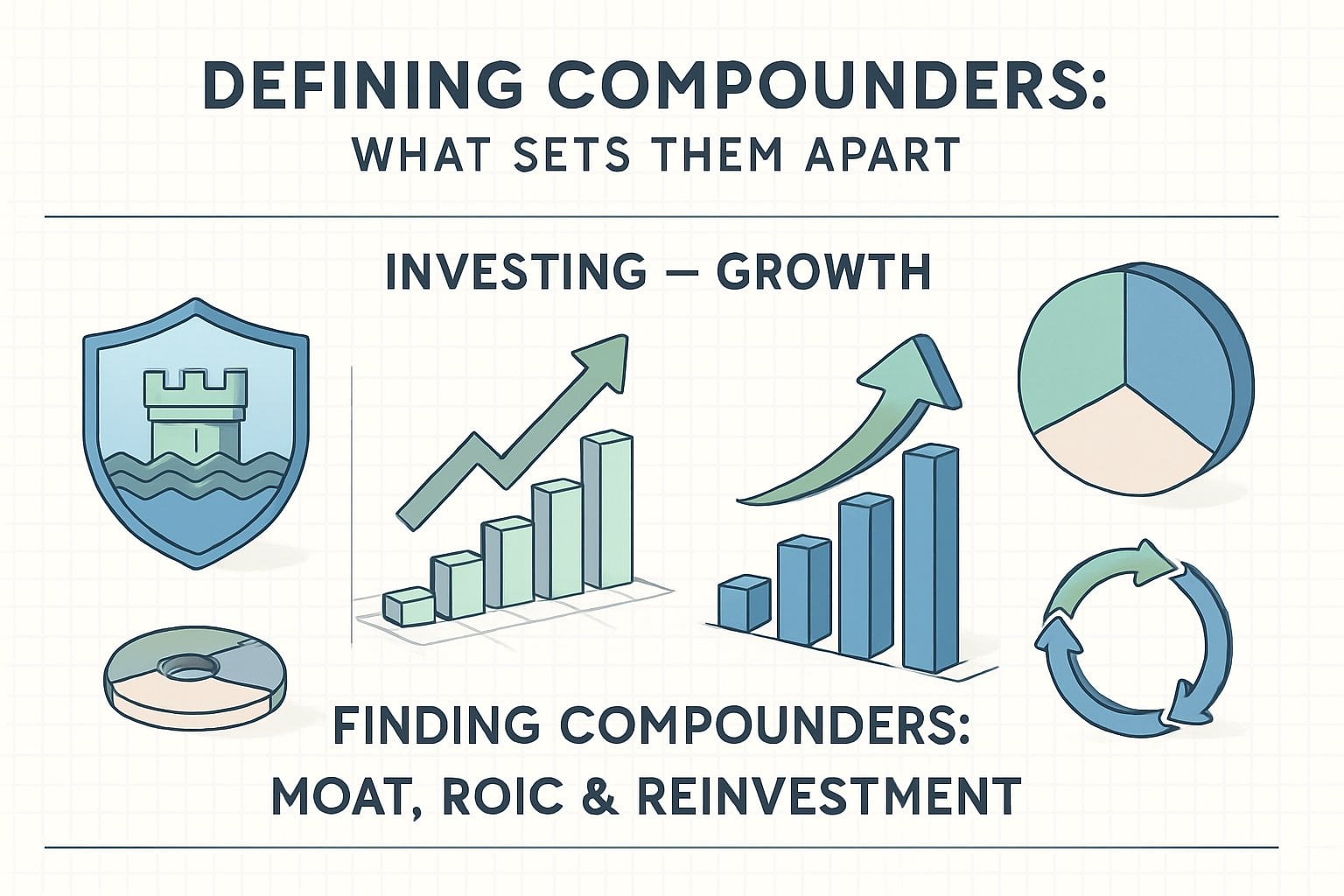 An infographic illustrating key concepts of compound growth investing, showing diagrams representing economic moat, return on invested capital, and reinvestment strategies