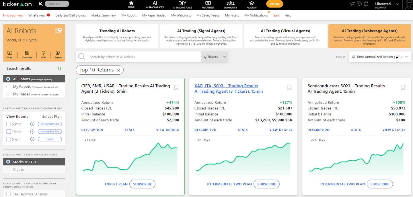 Tickeron test for AI trading with brokerage agents and automated copy trading.