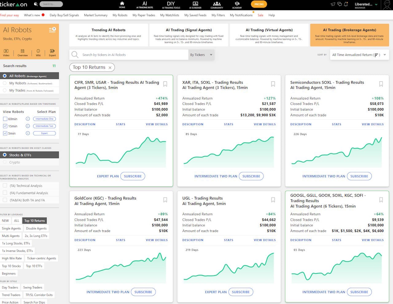 Tickeron test featuring a wide selection of broker-connected AI robots.