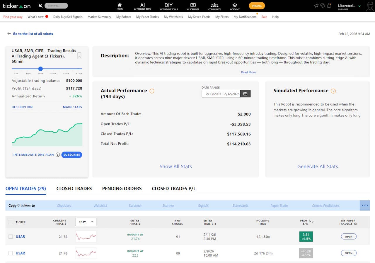 Tickeron test evaluating trading system trades opened and closed.