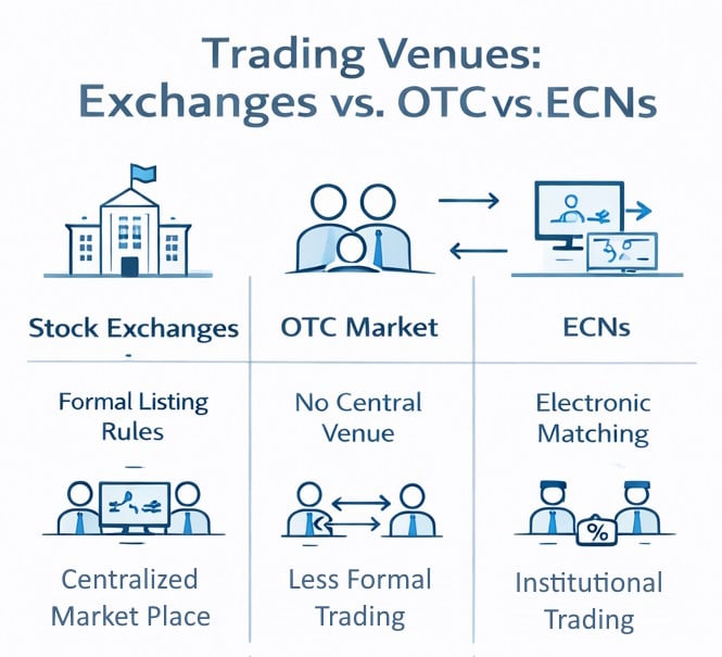 Types of trading venues include exchanges, over-the-counter (OTC) markets, and electronic communication networks (ECNs).