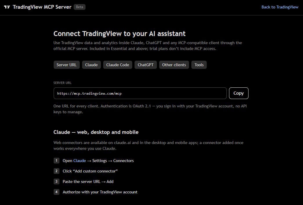 Screenshot evidence of TradingView's model context protocol MCP server