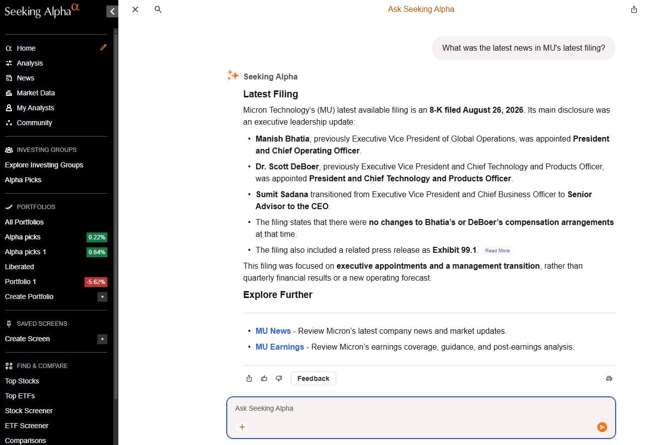 Screenshot testing Seeking Alpha's new AI chatbot assistant