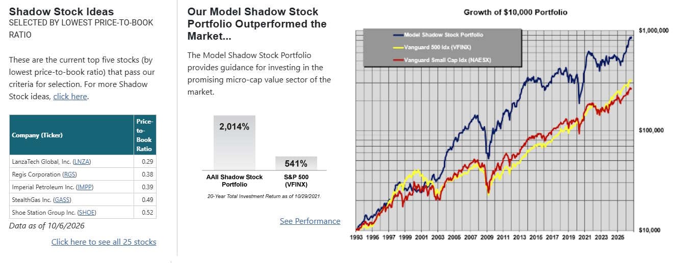 Screenshot of AAII Shadow Stocks portfolio performance.